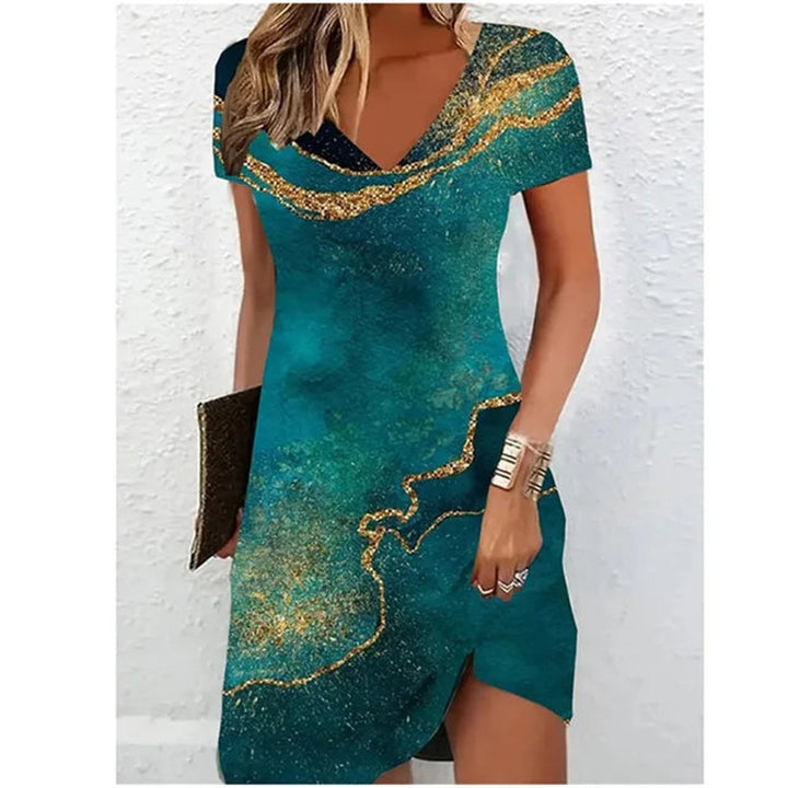 Women's V-Neck Short Sleeve Marble Print Cocktail Party Dress