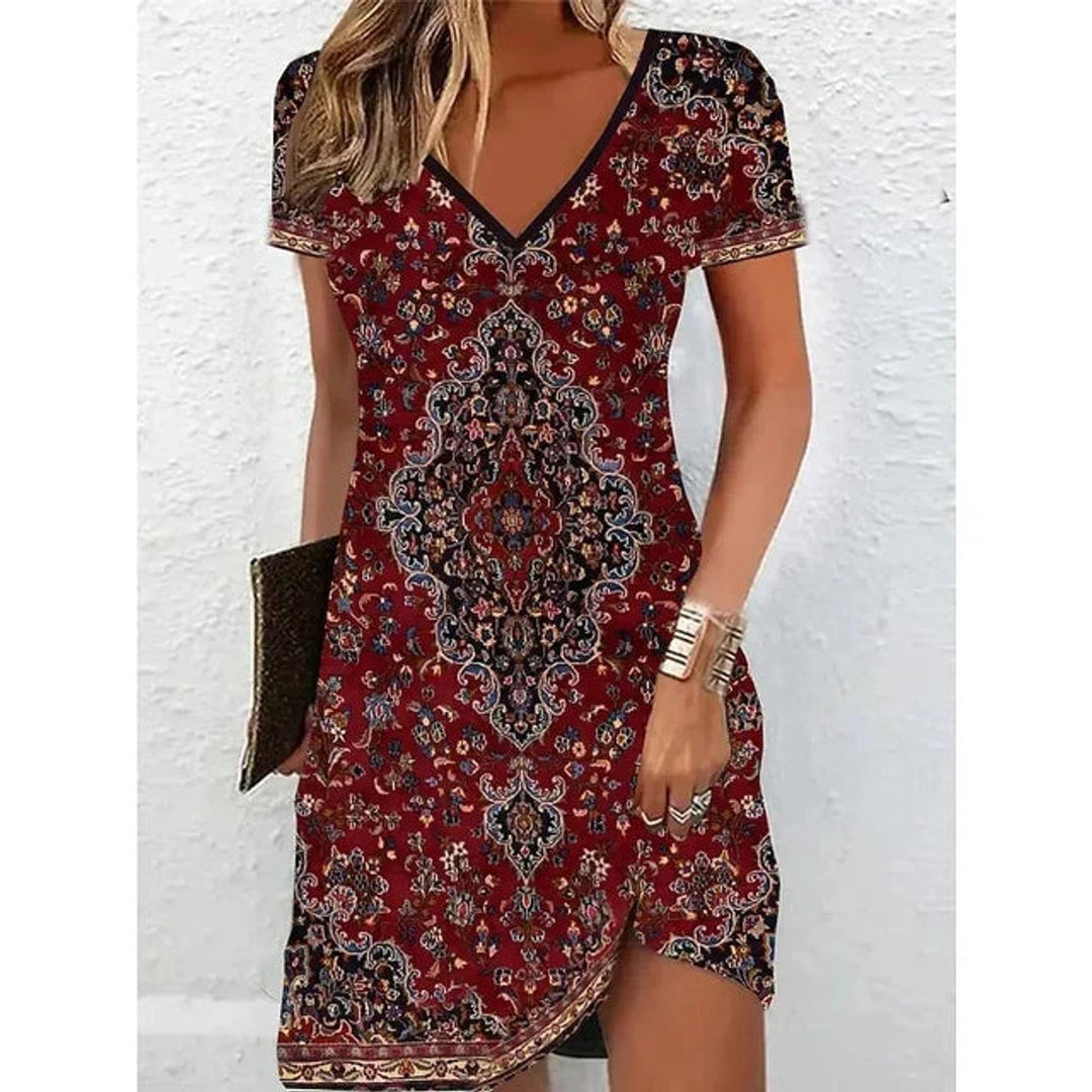 Women's V-Neck Short Sleeve Marble Print Cocktail Party Dress