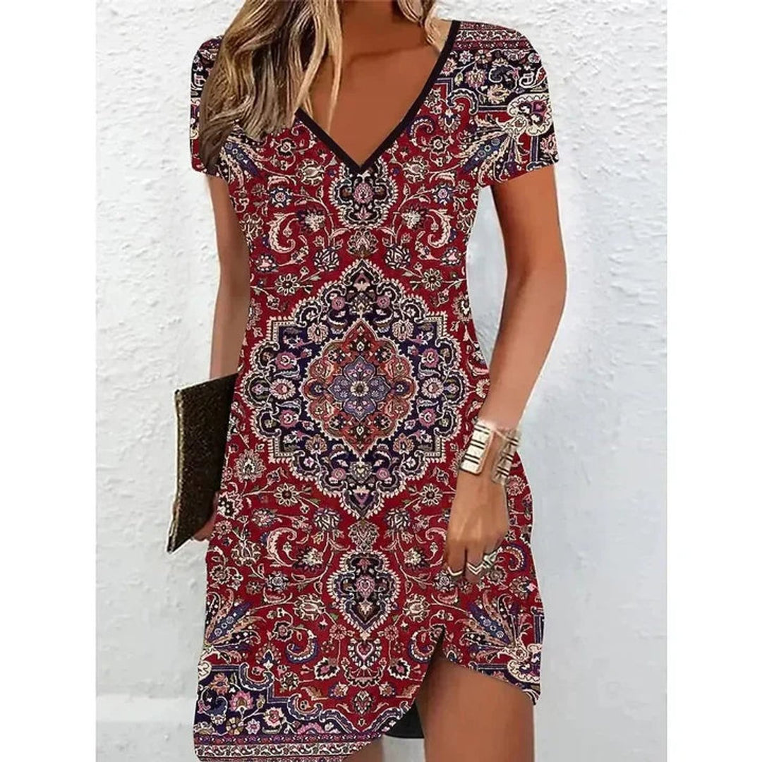 Women's V-Neck Short Sleeve Marble Print Cocktail Party Dress