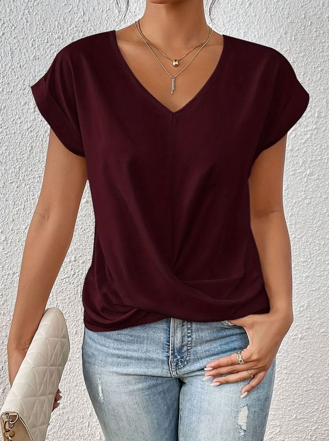 Women's V-Neck Twist-Front Short-Sleeve Blouse Top