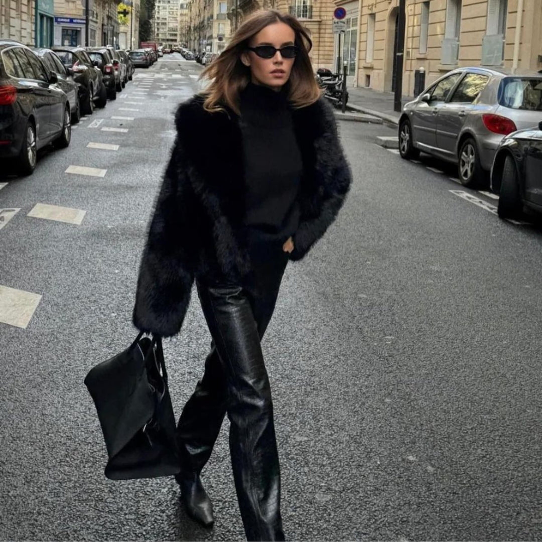 Women's Vegan Faux Fur Coat Fluffy Long-Sleeve Jacket