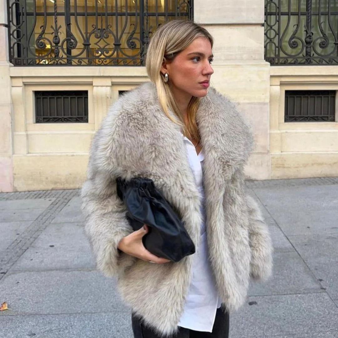 Women's Vegan Faux Fur Coat Fluffy Long-Sleeve Jacket
