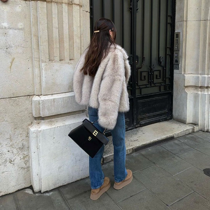 Women's Vegan Faux Fur Coat Fluffy Long-Sleeve Jacket