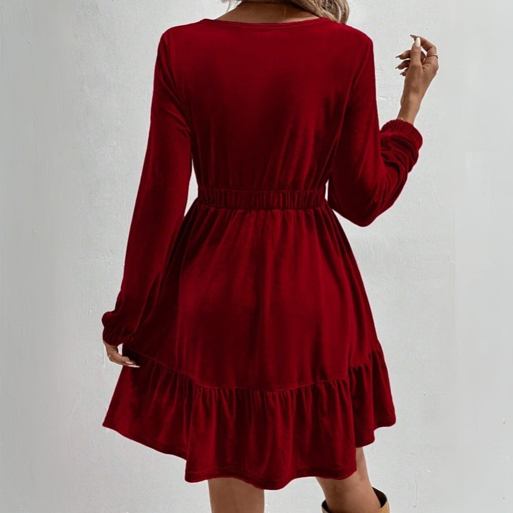 Women's Velvet Party Dress Elasticated Waist Long Sleeve Tiered