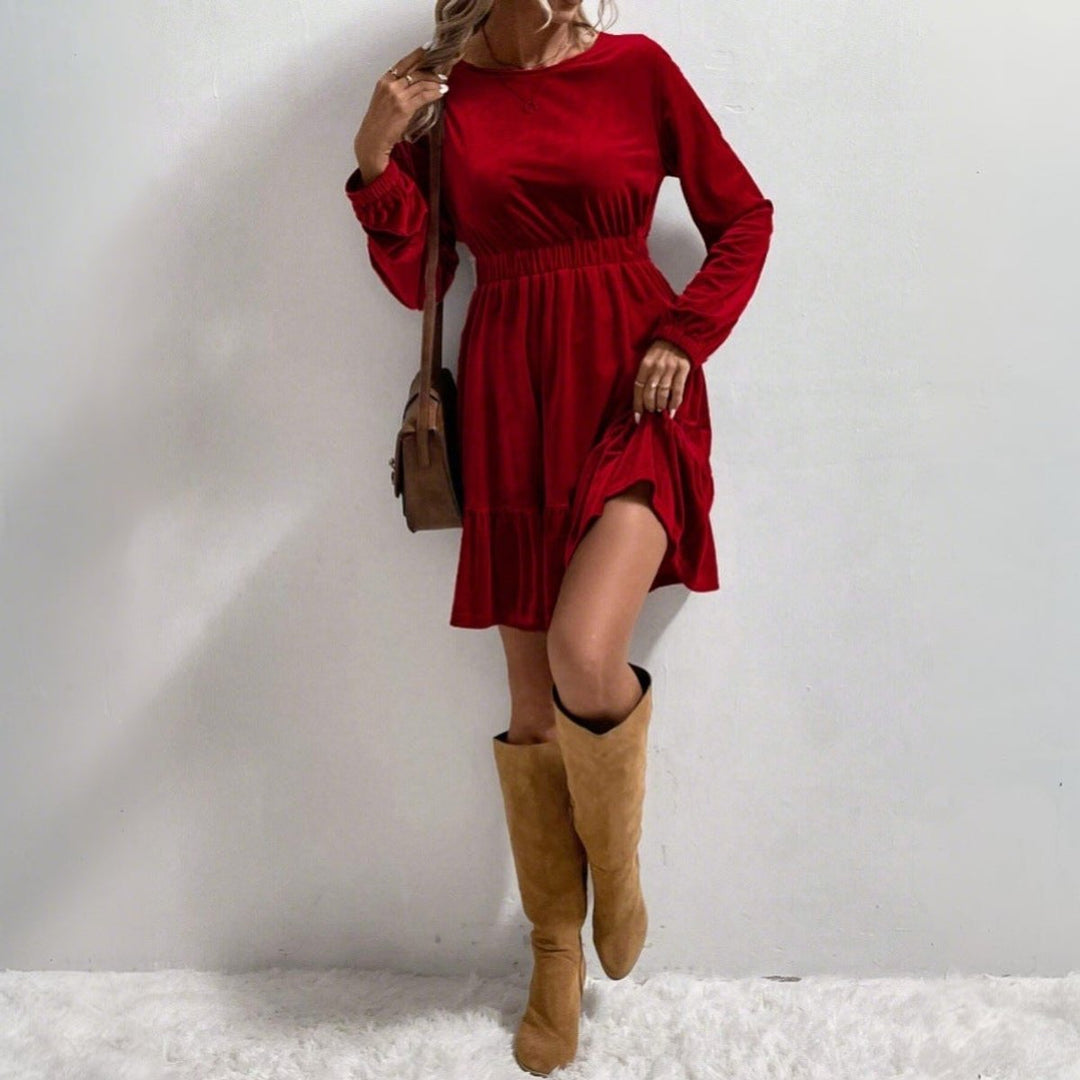 Women's Velvet Party Dress Elasticated Waist Long Sleeve Tiered