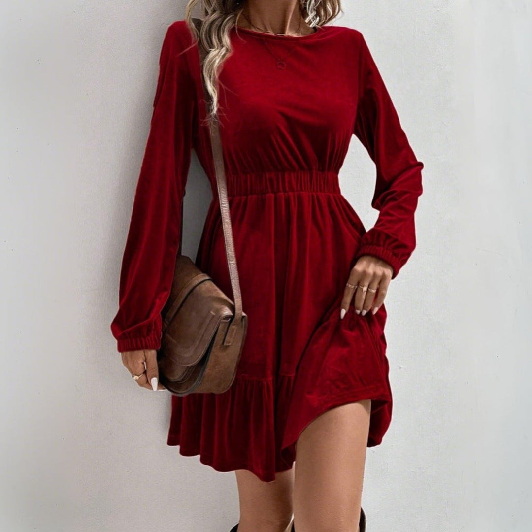 Women's Velvet Party Dress Elasticated Waist Long Sleeve Tiered - Wine Red