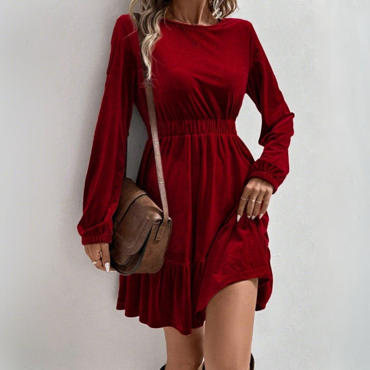Women's Velvet Party Dress Elasticated Waist Long Sleeve Tiered - Wine Red