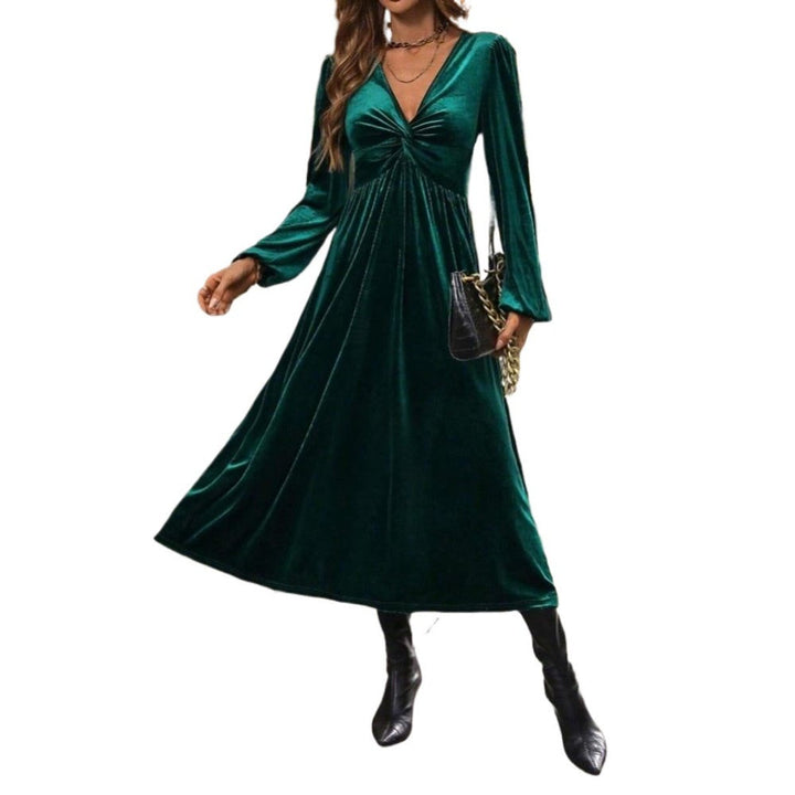 Women's Velvet Party Dress Empire-Waist Twisted-Bust Midi