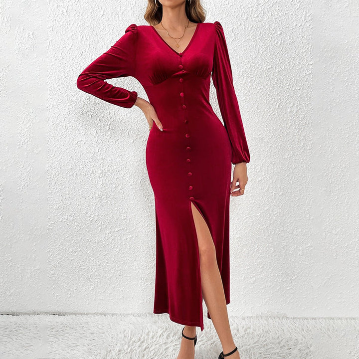 Women's Velvet Party Dress Long-Sleeve Button-Front Midi
