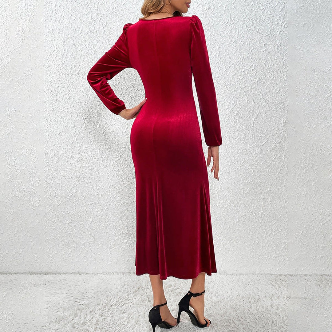 Women's Velvet Party Dress Long-Sleeve Button-Front Midi