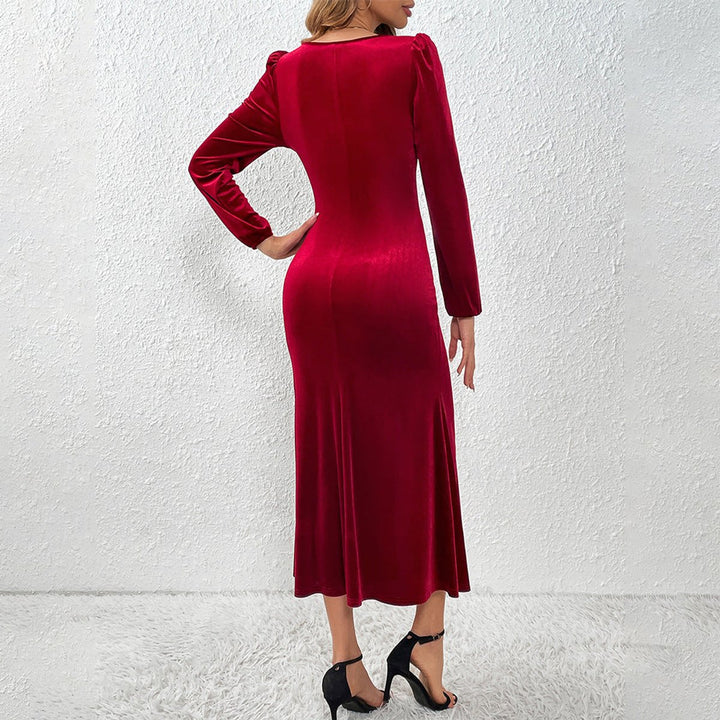 Women's Velvet Party Dress Long-Sleeve Button-Front Midi