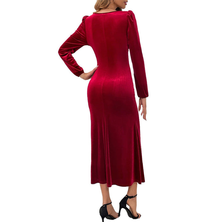 Women's Velvet Party Dress Long-Sleeve Button-Front Midi