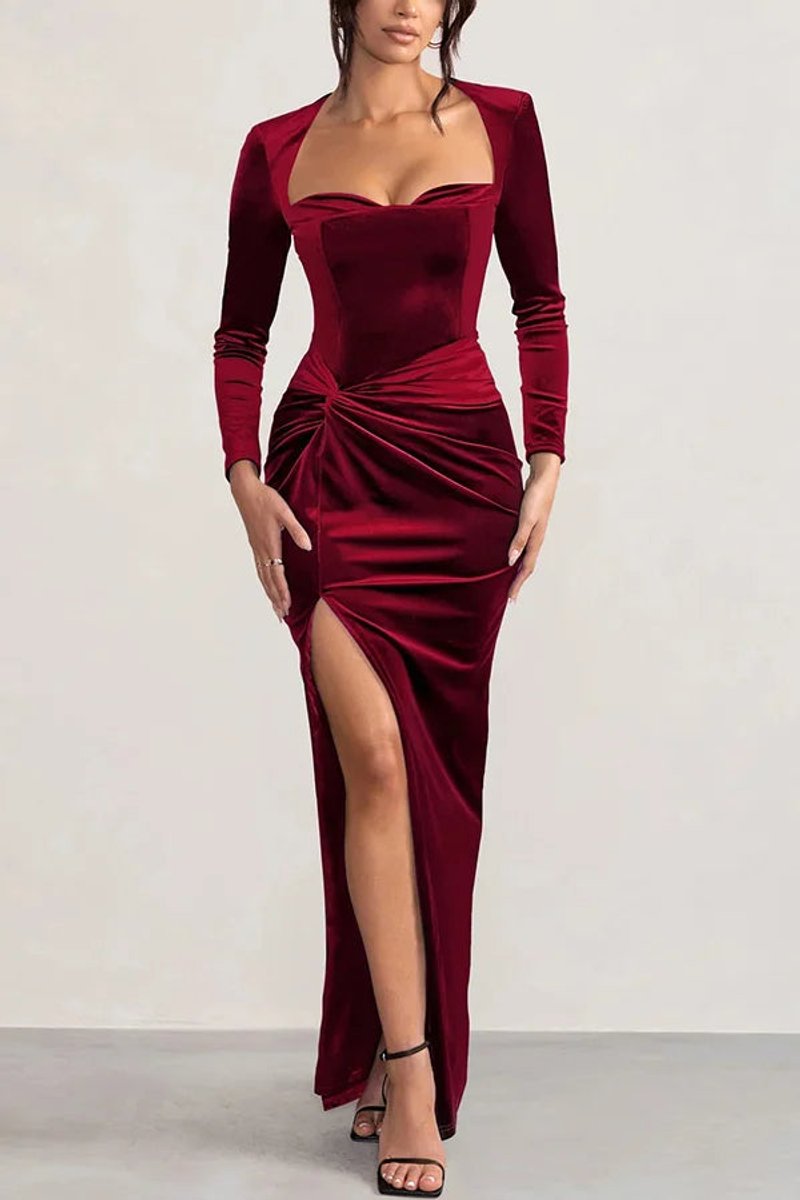 Women's Velvet Party Dress Long Sleeve Twist-Front Maxi Gown - Wine Red