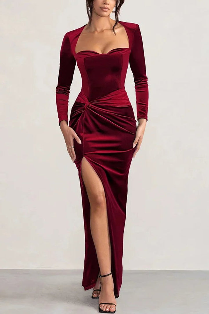 Women's Velvet Party Dress Long Sleeve Twist-Front Maxi Gown - Wine Red