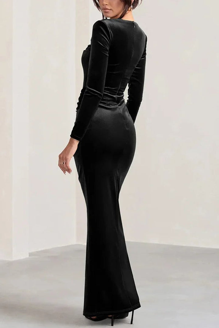 Women's Velvet Party Dress Long Sleeve Twist-Front Maxi Gown