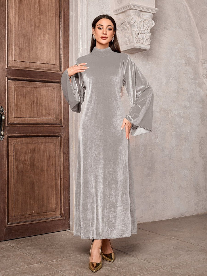 Women's Velvet Party Dress Maxi Flared-Sleeve High-Neck - Light Grey