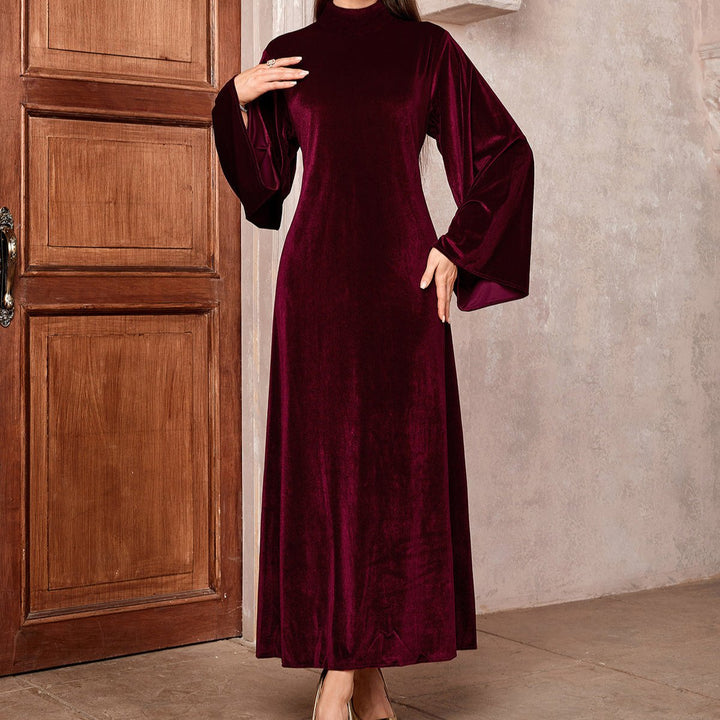 Women's Velvet Party Dress Maxi Flared-Sleeve High-Neck