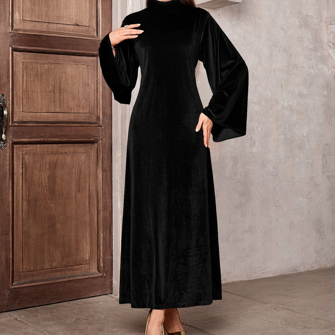 Women's Velvet Party Dress Maxi Flared-Sleeve High-Neck