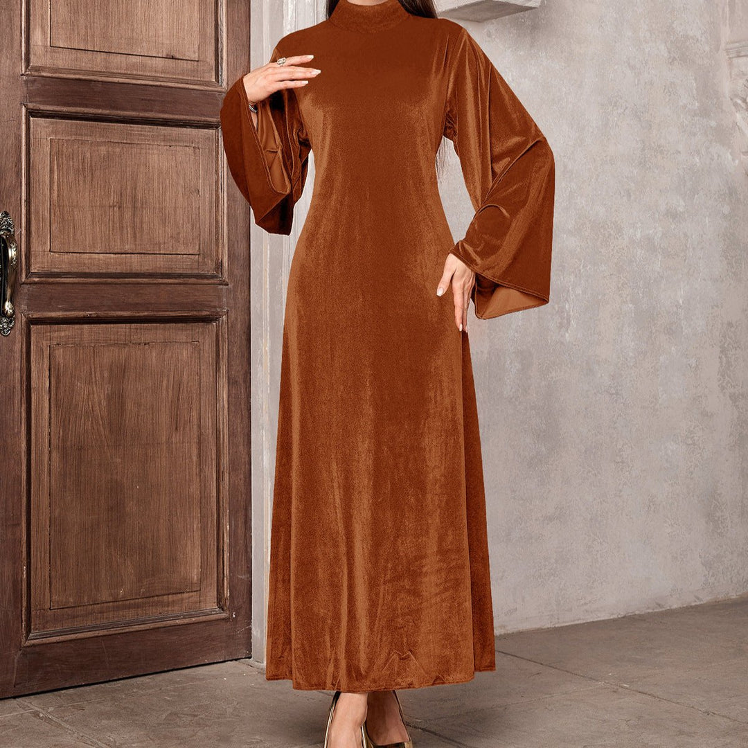 Women's Velvet Party Dress Maxi Flared-Sleeve High-Neck
