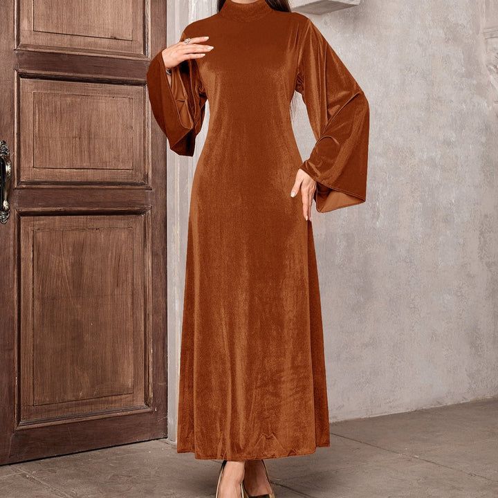 Women's Velvet Party Dress Maxi Flared-Sleeve High-Neck