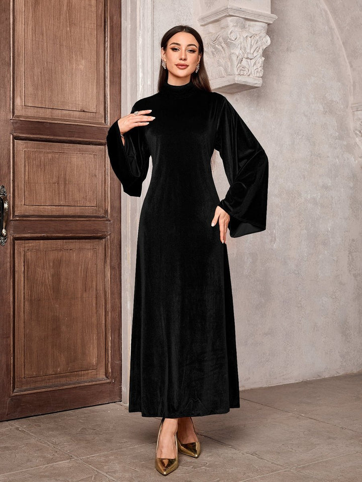 Women's Velvet Party Dress Maxi Flared-Sleeve High-Neck - Black