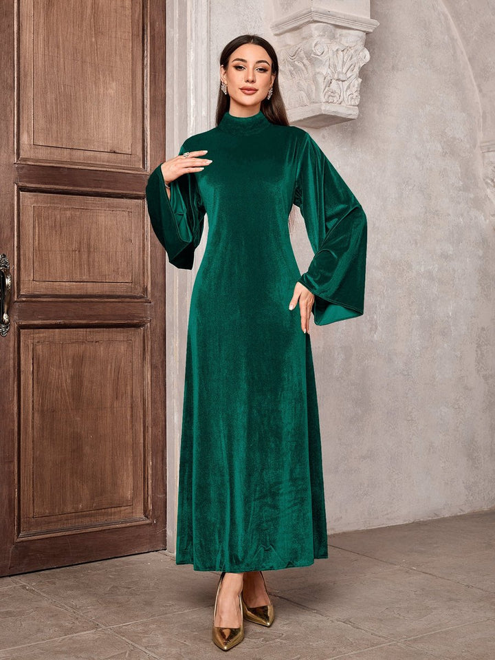 Women's Velvet Party Dress Maxi Flared-Sleeve High-Neck - Dark Green