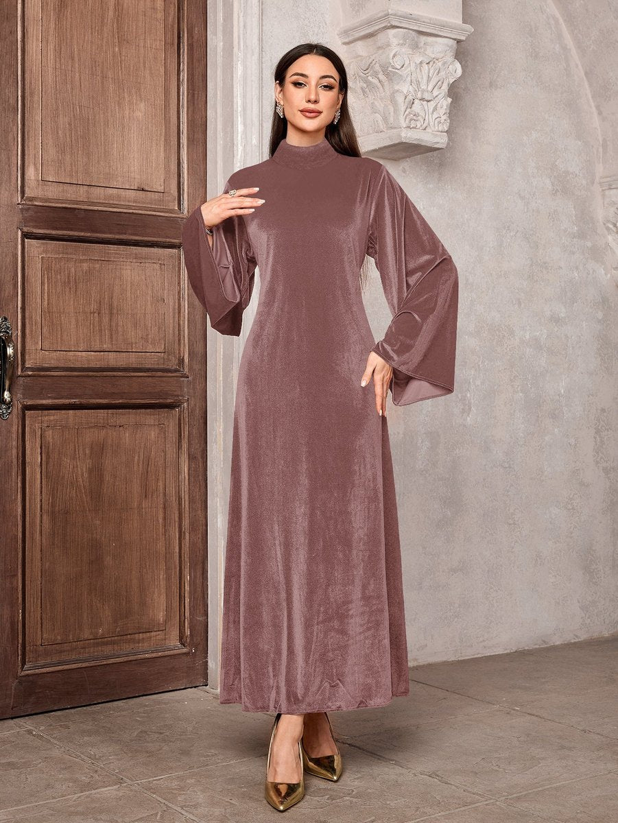 Women's Velvet Party Dress Maxi Flared-Sleeve High-Neck - Champagne
