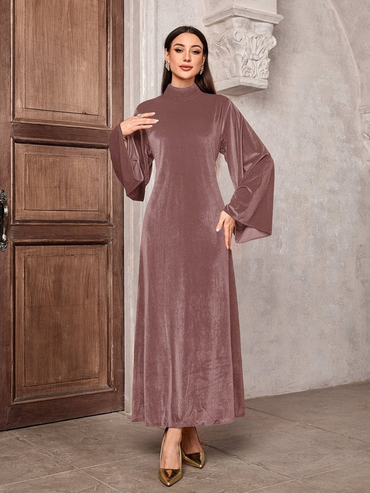 Women's Velvet Party Dress Maxi Flared-Sleeve High-Neck - Champagne