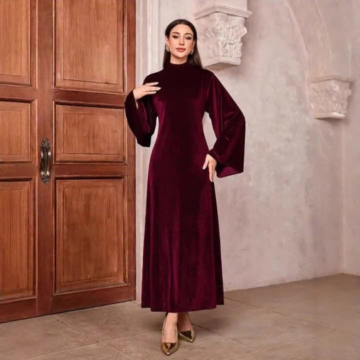 Women's Velvet Party Dress Maxi Flared-Sleeve High-Neck - Wine Red