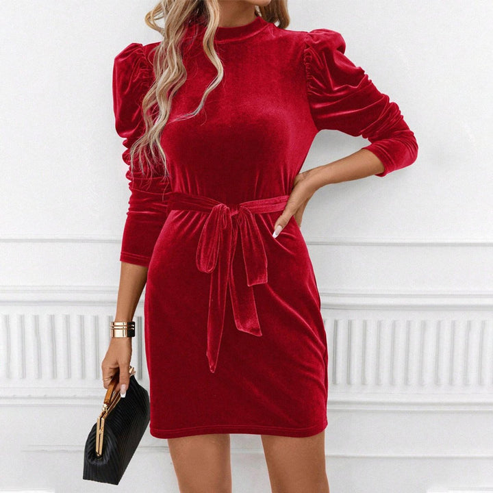 Women's Velvet Party Dress Puff Sleeve Belted Mini
