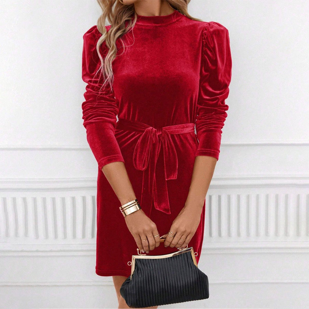 Women's Velvet Party Dress Puff Sleeve Belted Mini