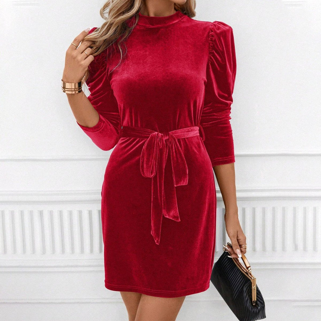 Women's Velvet Party Dress Puff Sleeve Belted Mini