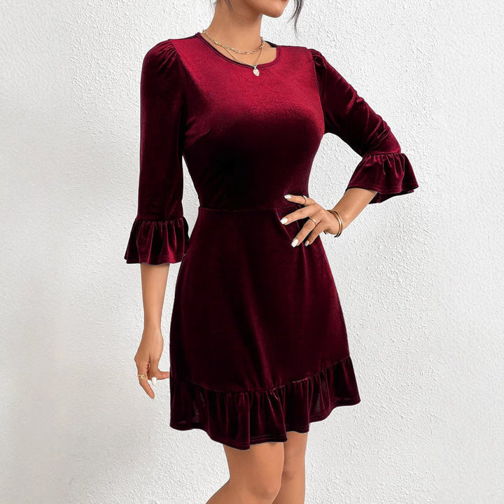 Women's Velvet Party Dress Ruffle Hem Puff Sleeve Mini