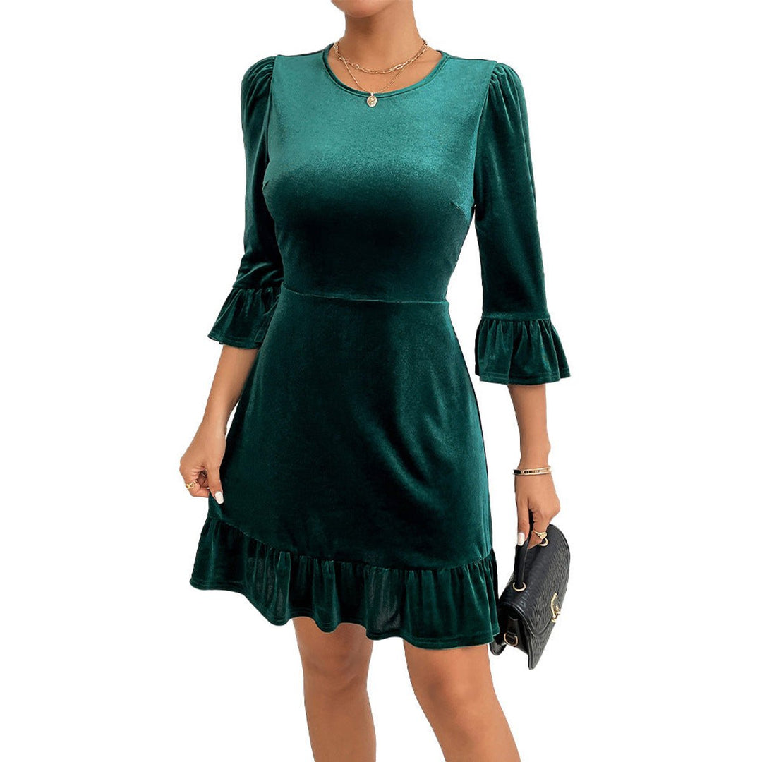 Women's Velvet Party Dress Ruffle Hem Puff Sleeve Mini
