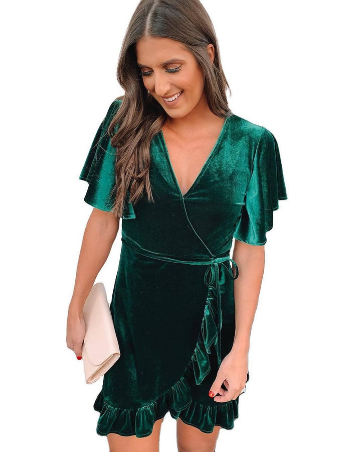 Women's Velvet Party Dress Ruffle-Hem Wrap Mini