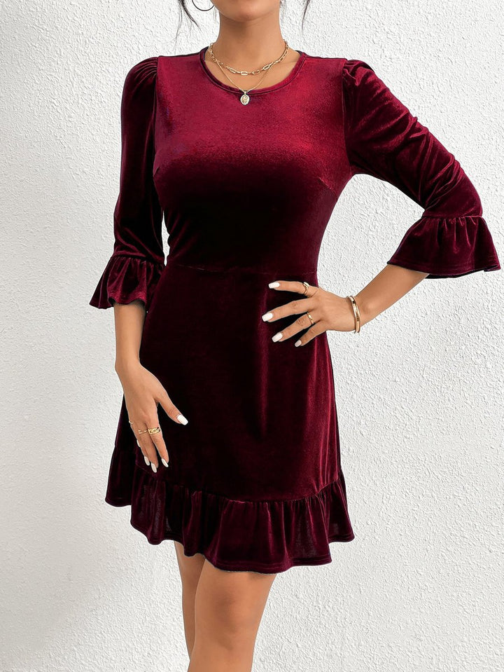 Women's Velvet Party Dress Ruffle Sleeve Tiered Hem Mini - Wine Red