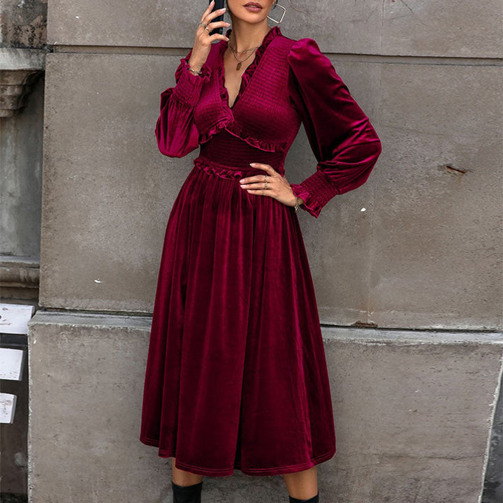 Women's Velvet Party Dress Ruffle V-Neck Puff Sleeve Midi