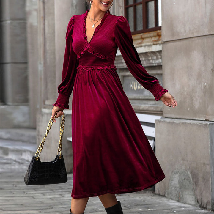 Women's Velvet Party Dress Ruffle V-Neck Puff Sleeve Midi - Burgundy
