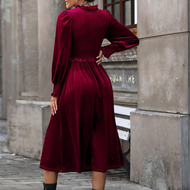 Women's Velvet Party Dress Ruffle V-Neck Puff Sleeve Midi