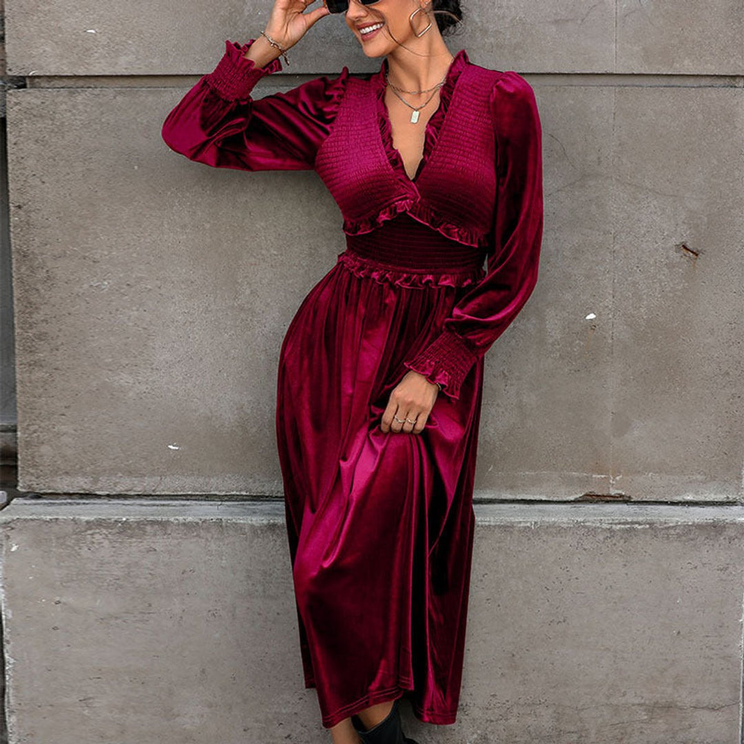 Women's Velvet Party Dress Ruffle V-Neck Puff Sleeve Midi
