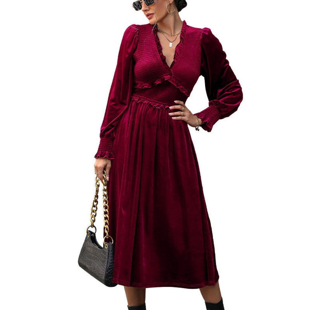 Women's Velvet Party Dress Ruffle V-Neck Puff Sleeve Midi