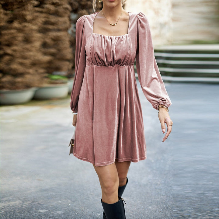 Women's Velvet Party Dress Square-Neck Empire-Waist Balloon Sleeve Mini