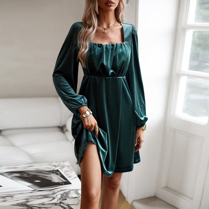 Women's Velvet Party Dress Square-Neck Empire-Waist Balloon Sleeve Mini