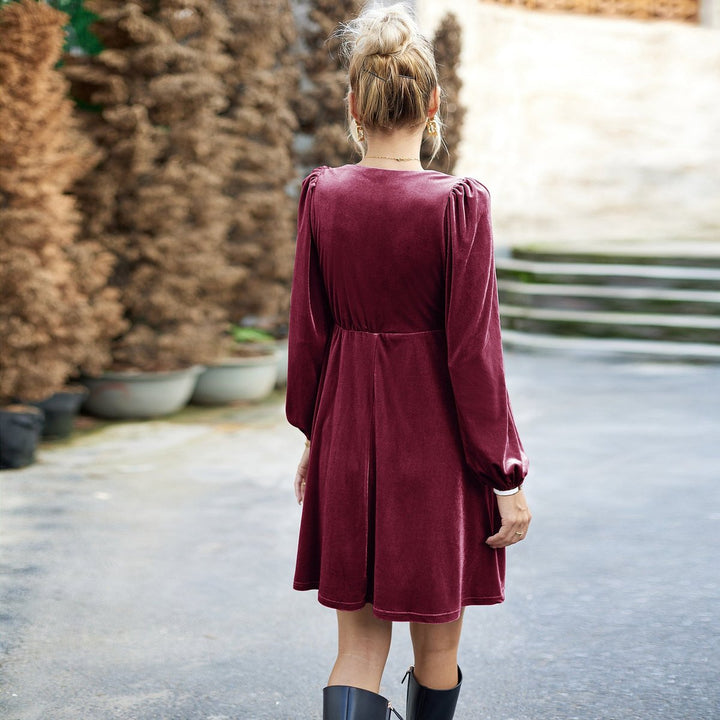 Women's Velvet Party Dress Square-Neck Empire-Waist Balloon Sleeve Mini