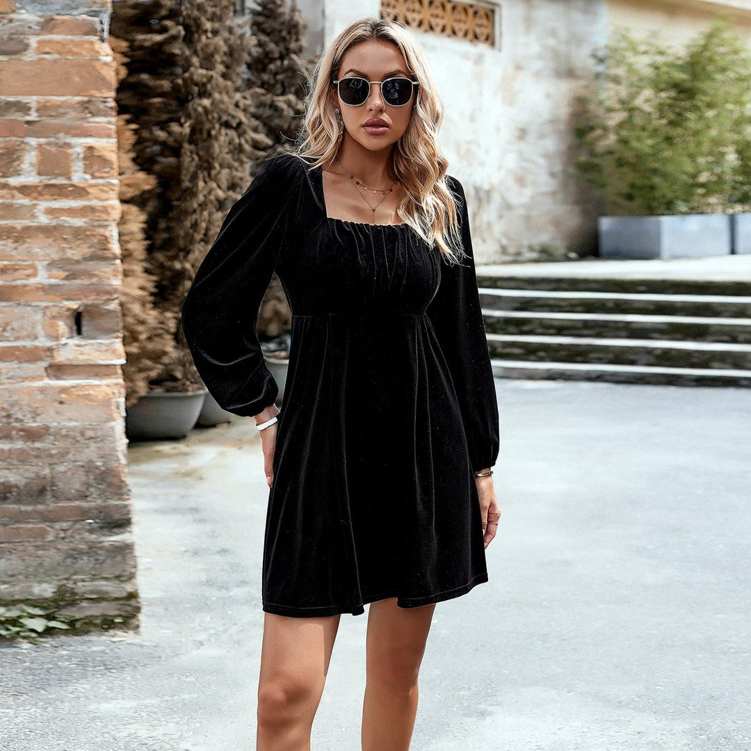 Women's Velvet Party Dress Square-Neck Empire-Waist Balloon Sleeve Mini - Black
