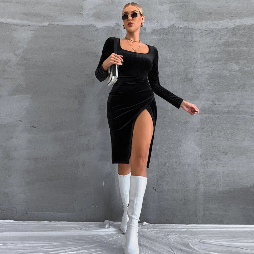 Women's Velvet Party Dress Square Neck Long Sleeve High Slit Midi