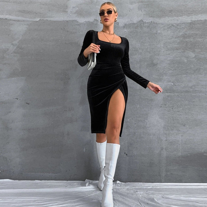 Women's Velvet Party Dress Square Neck Long Sleeve High Slit Midi