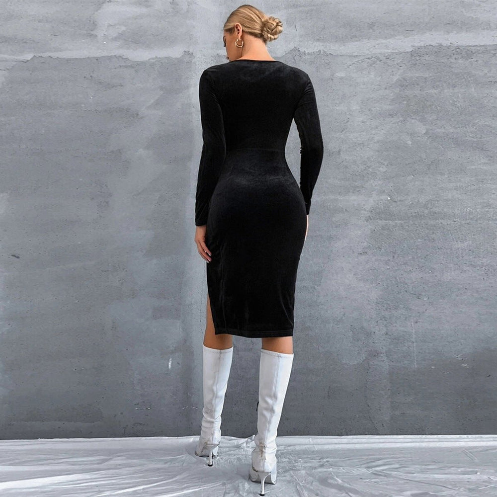 Women's Velvet Party Dress Square Neck Long Sleeve High Slit Midi