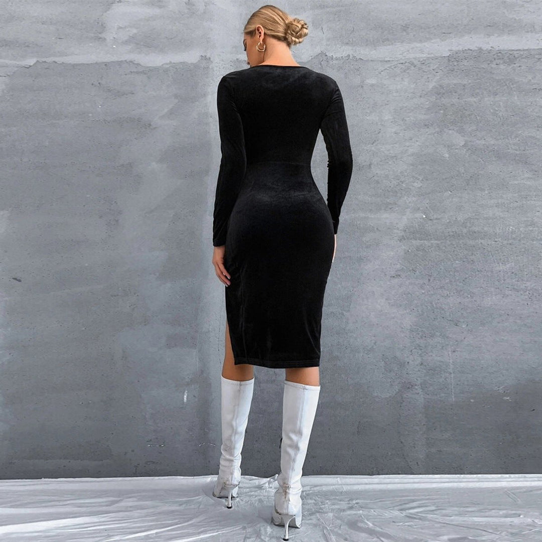 Women's Velvet Party Dress Square Neck Long Sleeve High Slit Midi