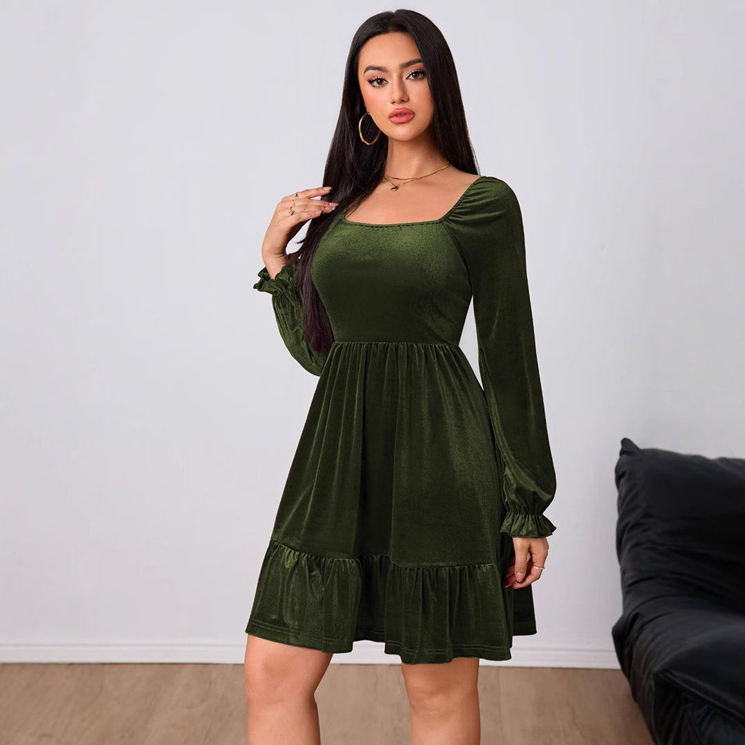 Women's Velvet Party Dress Square-Neck Puff-Sleeve Tiered Skater